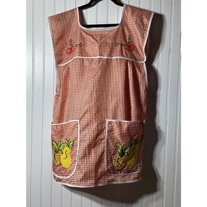 Vtg Orange gingham embroidered applique Fruit pocket slip over apron